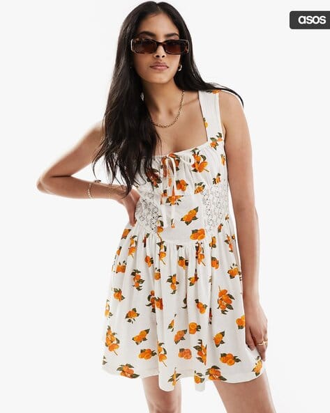ASOS DESIGN Ruched Square-Neck Mini A-Line Dress with Lace Inserts