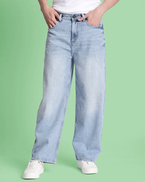 Cotton Washed Relaxed Mid-Rise Baggy Lightly Jeans
