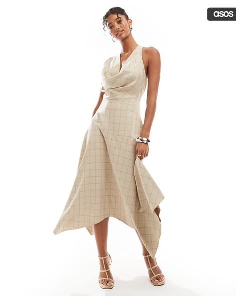 ASOS DESIGN Checked Cowl-Neck Midi Dress with Full Skirt