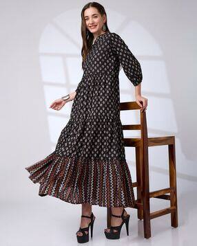 globus Women Cotton Mandarin Collar Bishop Sleeve Ethnic Print Tiered A-Line Work Wear Maxi Dress-picture-11