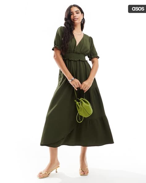 Buy ASOS DESIGN Puffed Sleeve Wrap Midi Dress Online | Ajio.com