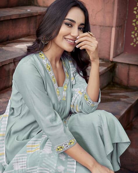 Royal Export X AG Women Embroidered Flared Kurta & Pants with Dupatta Set