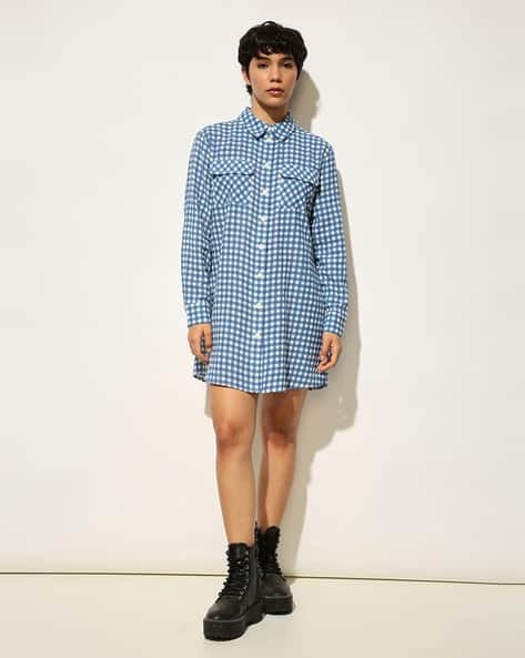 Women Checked Cotton Shirt Dress with Flap Pockets