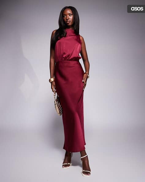 Buy ASOS DESIGN High-Neck Satin Blouson Midi Dress Online
