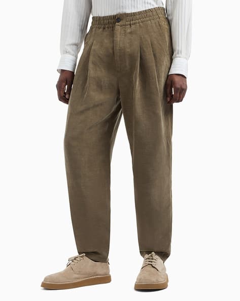 Buy GIORGIO ARMANI Men Relaxed Fit Linen Double-Pleated Trousers