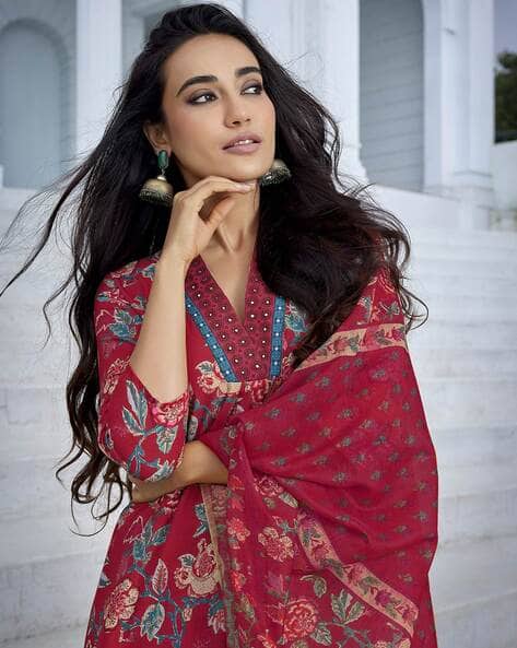 Royal Export X AG Women Floral Print Flared Kurta & Palazzos with Dupatta Set