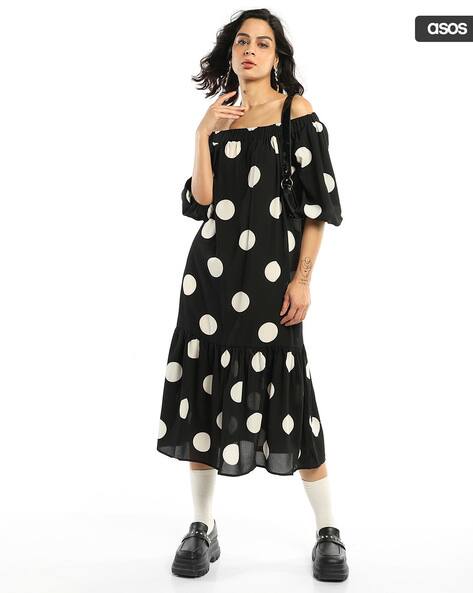 ASOS DESIGN Off-Shoulder Trapeze Maxi Dress with Pephem in Oversized Spot Print