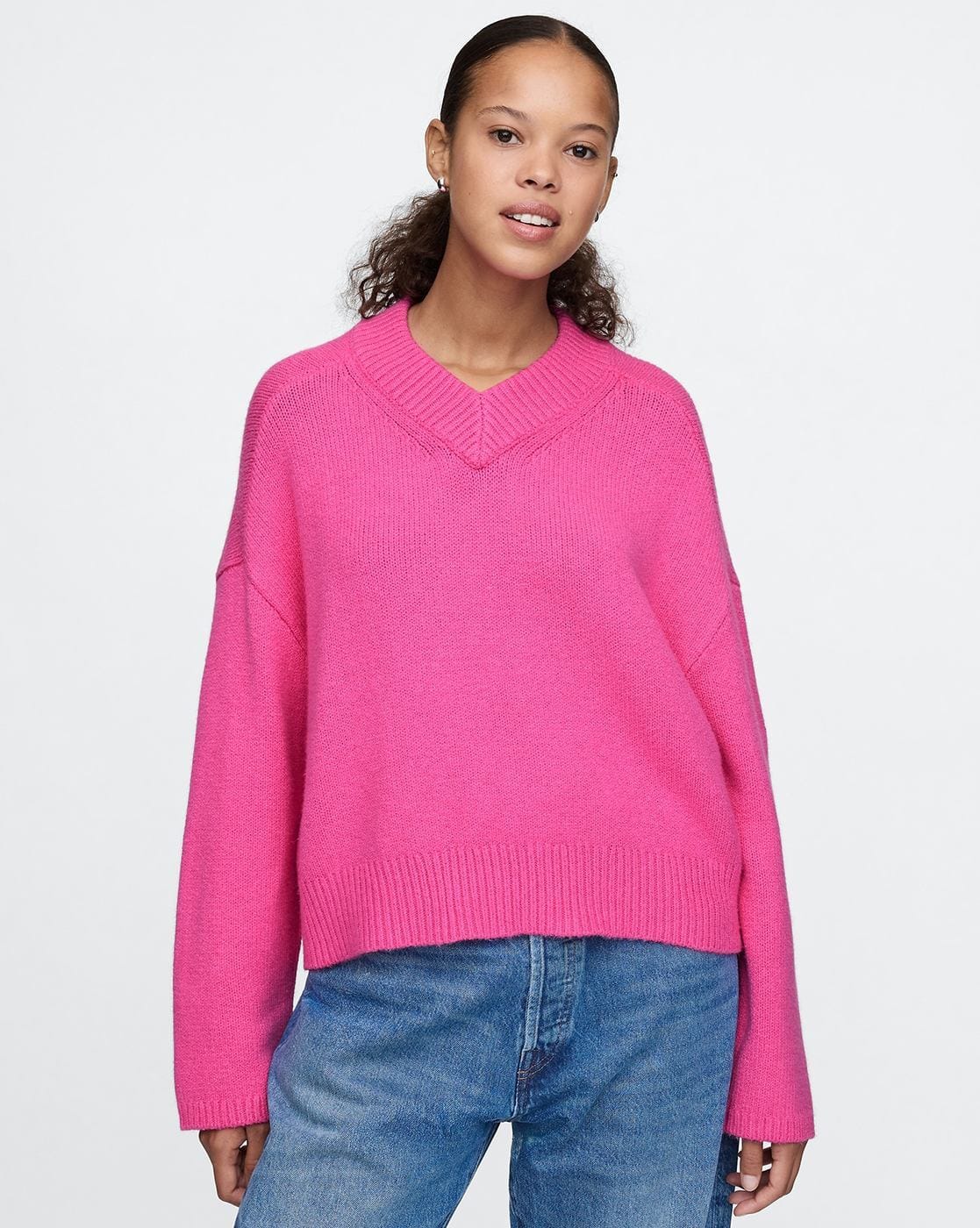 Women Knitted Relaxed Fit V-Neck Pullover