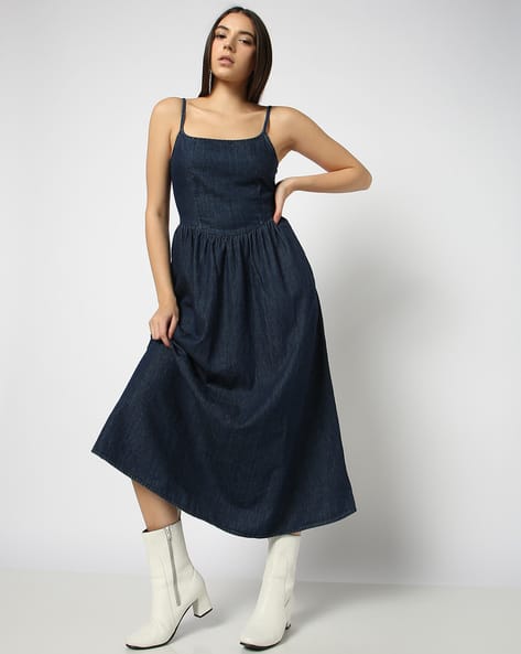 Women Washed Dropped Waist Fit Flare Denim Dress