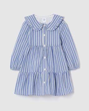 Girls Striped Cotton Tiered Dress with Peter Pan Collar