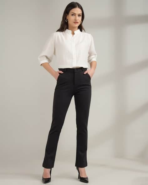Women Slim Fit Flat-Front Trousers