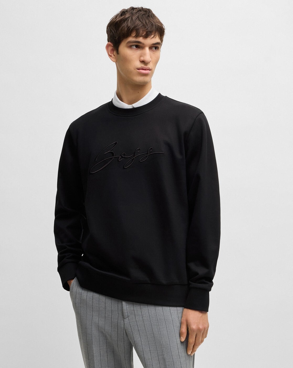 Buy BOSS Script-Logo Cotton Terry Sweatshirt | Black Color Men