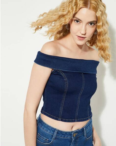 Women Off-Shoulder Crop Denim Top
