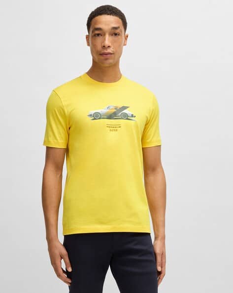 Buy BOSS Porsche X Regular Fit Cotton Crew-Neck T-Shirt | Yellow