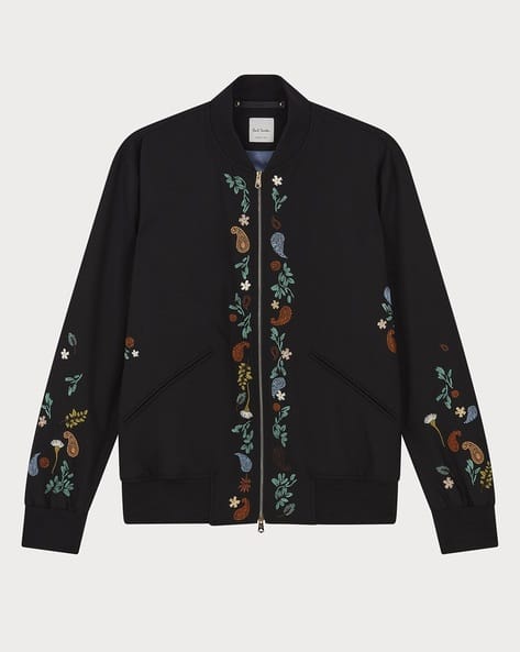 Paisley Floral Embroidered Wool Regular Fit Bomber Jacket