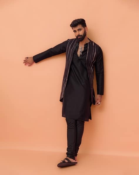 KISAH Men Long Open Kurta Jacket Churidar Set