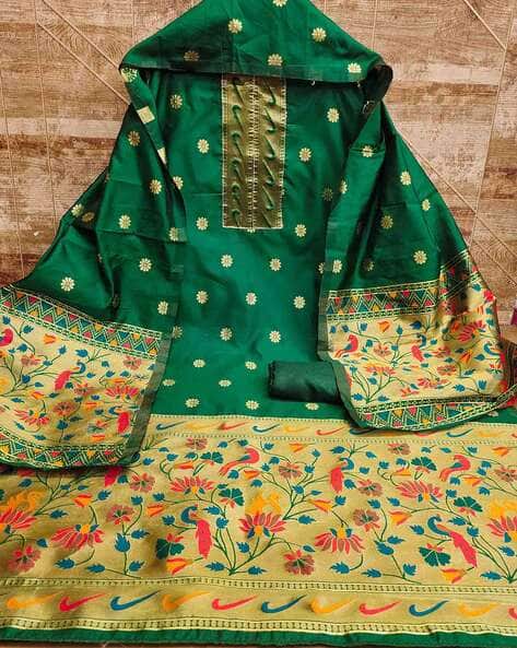 green emerald velvet dress Chanderi cotton Paithani 3 Piece Dress Set