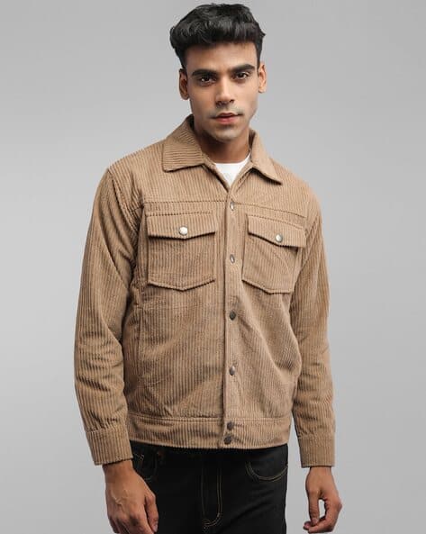 Men Ribbed Regular Fit Jacket with Button-Closure