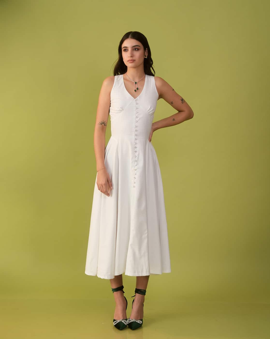 True West Women V-Neck Fit and Flare Dress (White)