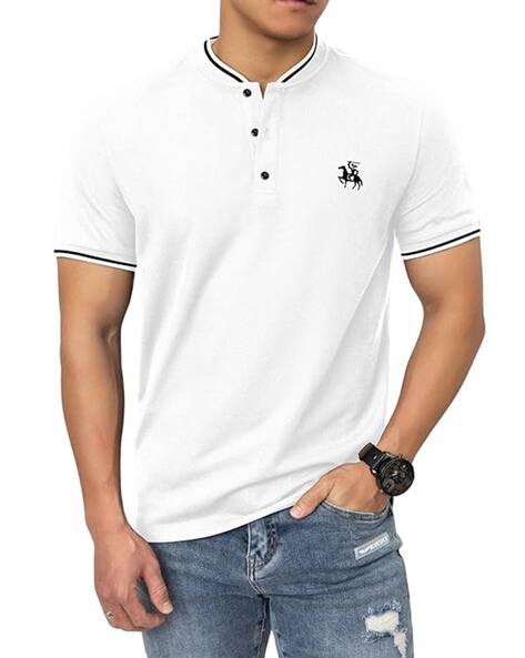 POSHAX Men Regular Fit Henley T-Shirt with Logo Embroidery