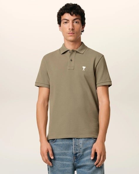 Buy Ami Paris Men Regular Fit Organic Cotton Polo T-Shirt with