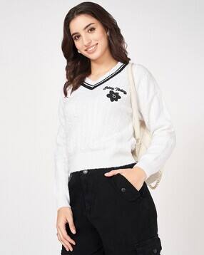 people by pantaloons Women Typographic Pattern V-Neck Pullover-picture-16