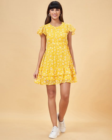 lady corset mini dress Miss Circle Women's Kadi Yellow Cotton Drop Waist Corset Mini Dress