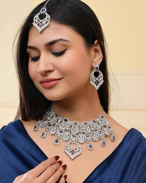 VALLEY OF JEWELLERY (VOJ) Women Silver-Plated American Diamond-Studded Jewellery Set