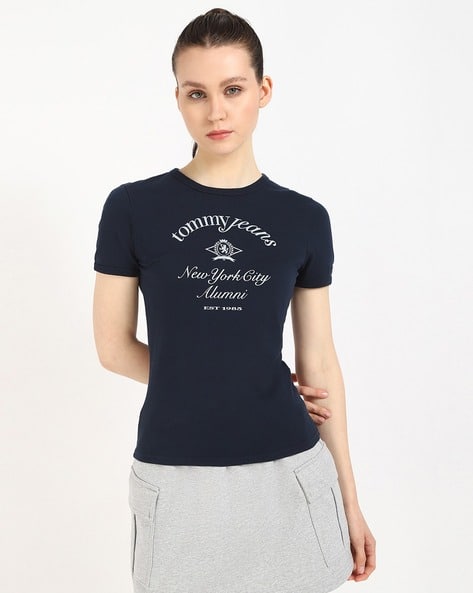 Product image of TOMMY HILFIGER Women Crest Ringer Brand Print Slim Fit Crew-Neck T-Shirt