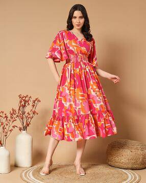 Women Floral Print Tiered Dress