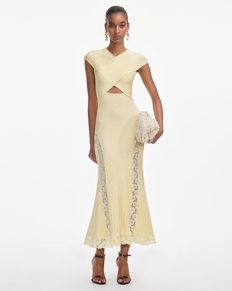 Buy Self Portrait Women Lace Midi Fit & Flare Dress | Yellow Color Women |  AJIO LUXE