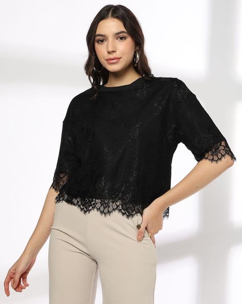 Women Lace Relaxed Fit Crew-Neck T-Shirt