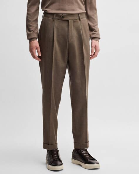 Buy BOSS Relaxed Fit Virgin Wool Trousers Brown Color Men AJIO