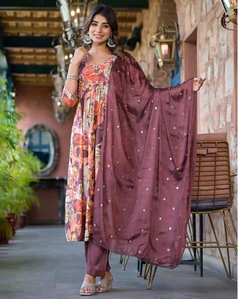Women Floral Print Anarkali Kurta with Pants Dupatta