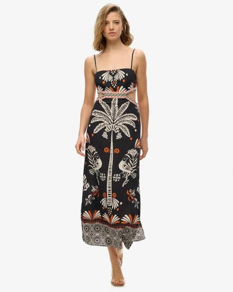 Women Tropical Print Cut-Out A-Line Dress