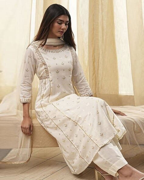 Women Embroidered Anarkali Kurta with Pants Dupatta