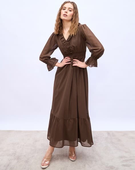 Styli Self Design V-Neck Casual A-Line Maxi Flared Goa Dress For Women (Brown, M)