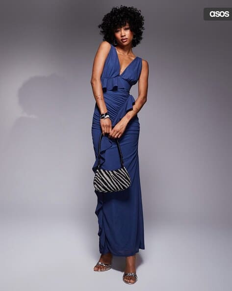 asos navy chiffon dress ASOS DESIGN high neck ruffle detailing chiffon maxi dress in navy