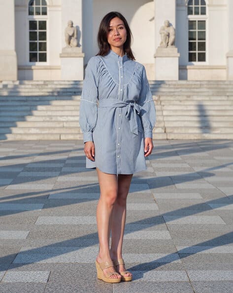 Women Striped Gathered Shirt Dress with Belt