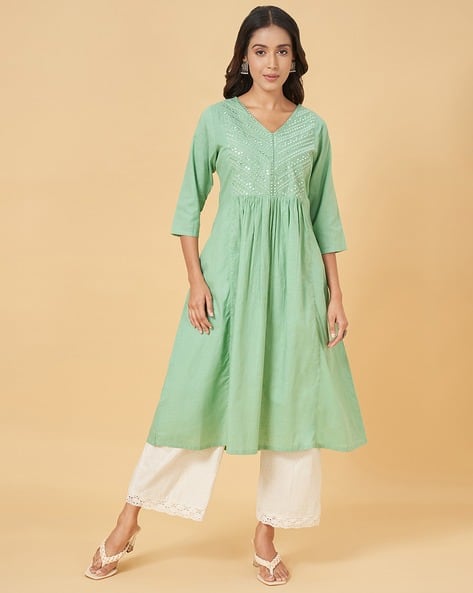 Dress W Kurtis In Pantaloons Beige Solid Ethnic Round Neck 3/4th