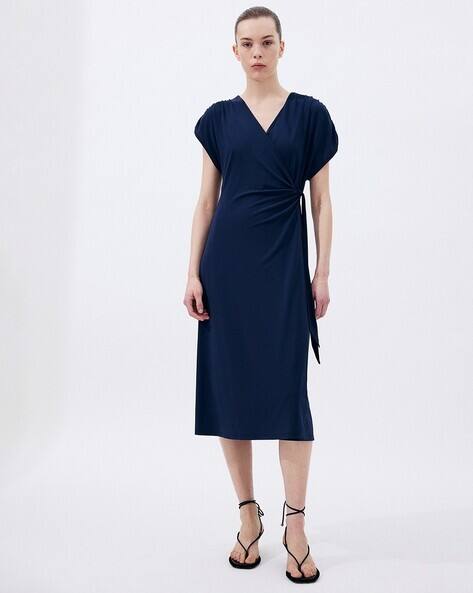 navy blue jersey wrap dress Iris Jersey Midi Dress Kalalanta Jacobean Navy L