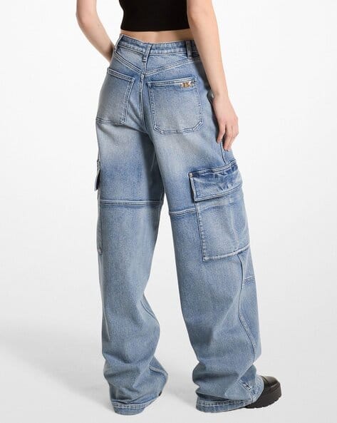 Buy Michael Kors Stretch Denim Wide-Leg Cargo Jeans | Blue