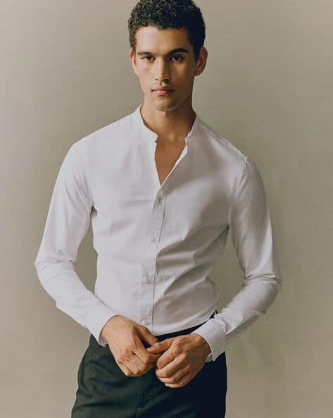 Men Muscle Fit Full-Length Sleeve Grandad Shirt