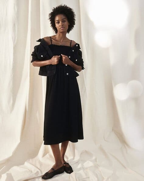 h&m black smocked dress H&M Black Smocked Strapless Ruffle Square Neck A Line Midi Dress Size XXL