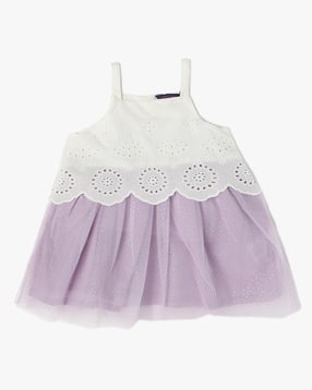 Girls Foil Tulle Strap Schiffli Embroidered Fit & Flare Dress