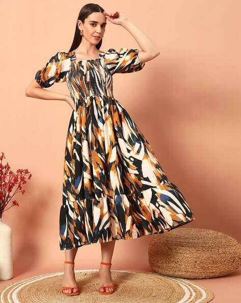 LookShine Women Printed Fit & Flare Dress with Smoked Detail
