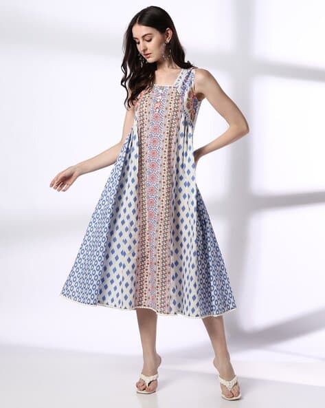 Fusion Women Printed Square-Neck A-Line Dress deal from ajio
