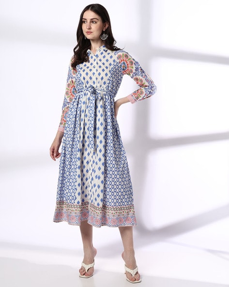 FUSION Women Printed A-Line Dress with Tie-Up Belt