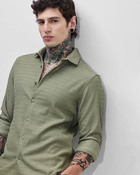 Men's Shirt | Slim Fit Full Sleeve Classic Collar Self-Design | Rayon Blend Breathable Fabric for Formal & Casual Wear