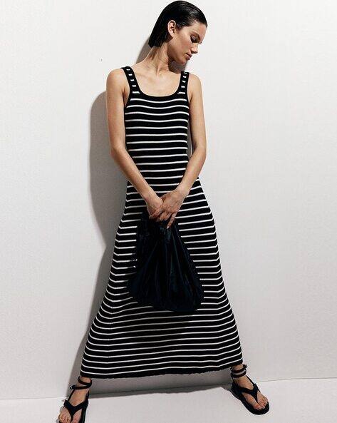 Women Striped Flared-Skirt Rib-Knit Dress